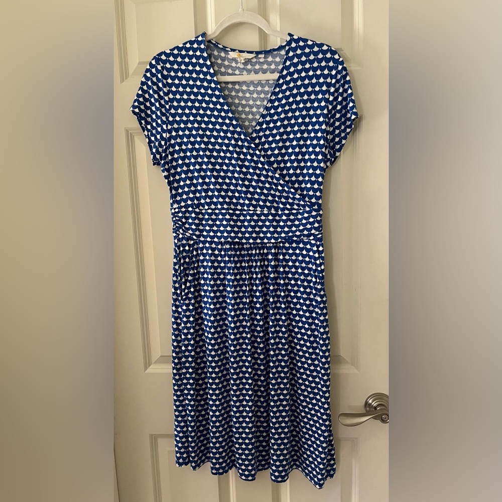 Boden Lola Jersey Knit Faux Wrap V-Neck Fit & Flare Dress Blue & White size 8